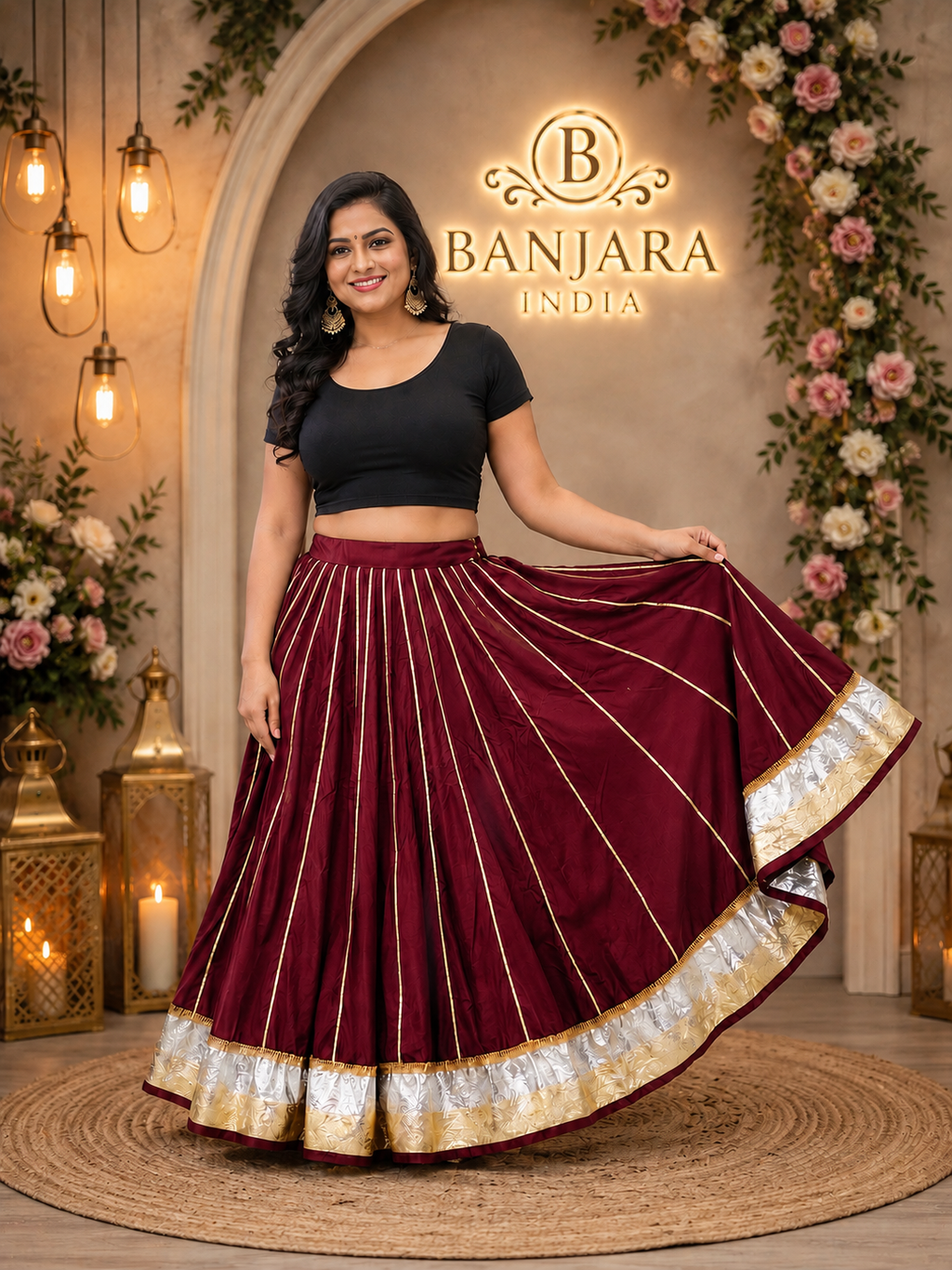 Banjara India Black Premium Rayon Kali Skirt/Chaniya – Skirt-Sona Chandi- Maroon