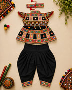 Banjara India Cotton Kutch Work Embroidered Kids Kediyu & Dhoti Set with Headband (KKD-Krishna)-Black