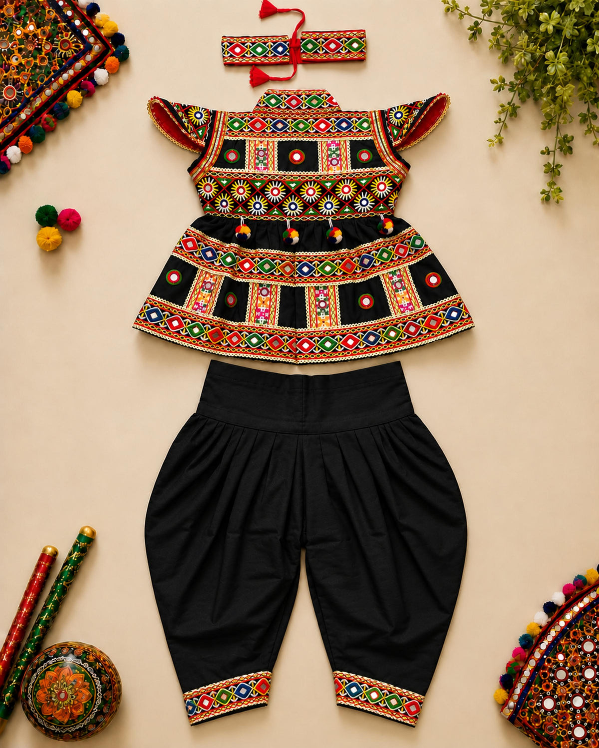 Banjara India Cotton Kutch Work Embroidered Kids Kediyu & Dhoti Set with Headband (KKD-Krishna)-Black