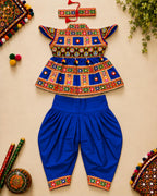 Banjara India Cotton Kutch Work Embroidered Kids Kediyu & Dhoti Set with Headband (KKD-Krishna)-Blue
