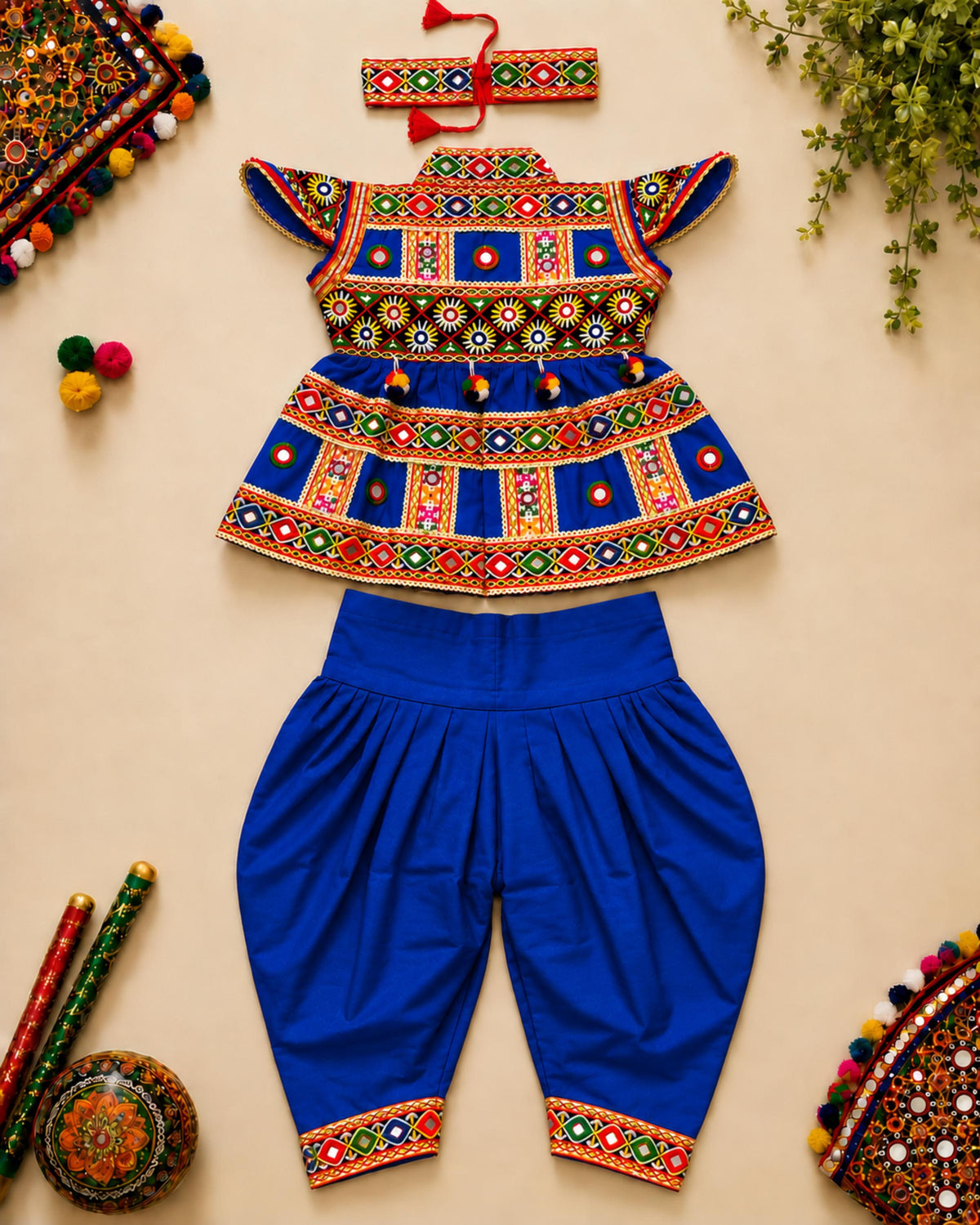 Banjara India Cotton Kutch Work Embroidered Kids Kediyu & Dhoti Set with Headband (KKD-Krishna)-Blue