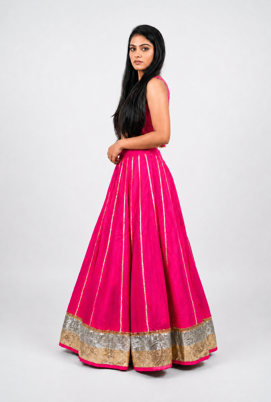 Banjara India Black Premium Rayon Kali Skirt/Chaniya – Skirt-Sona Chandi- Rani Pink