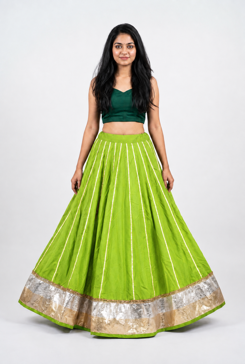 Banjara India Black Premium Rayon Kali Skirt/Chaniya – Skirt-Sona Chandi- Lime Green