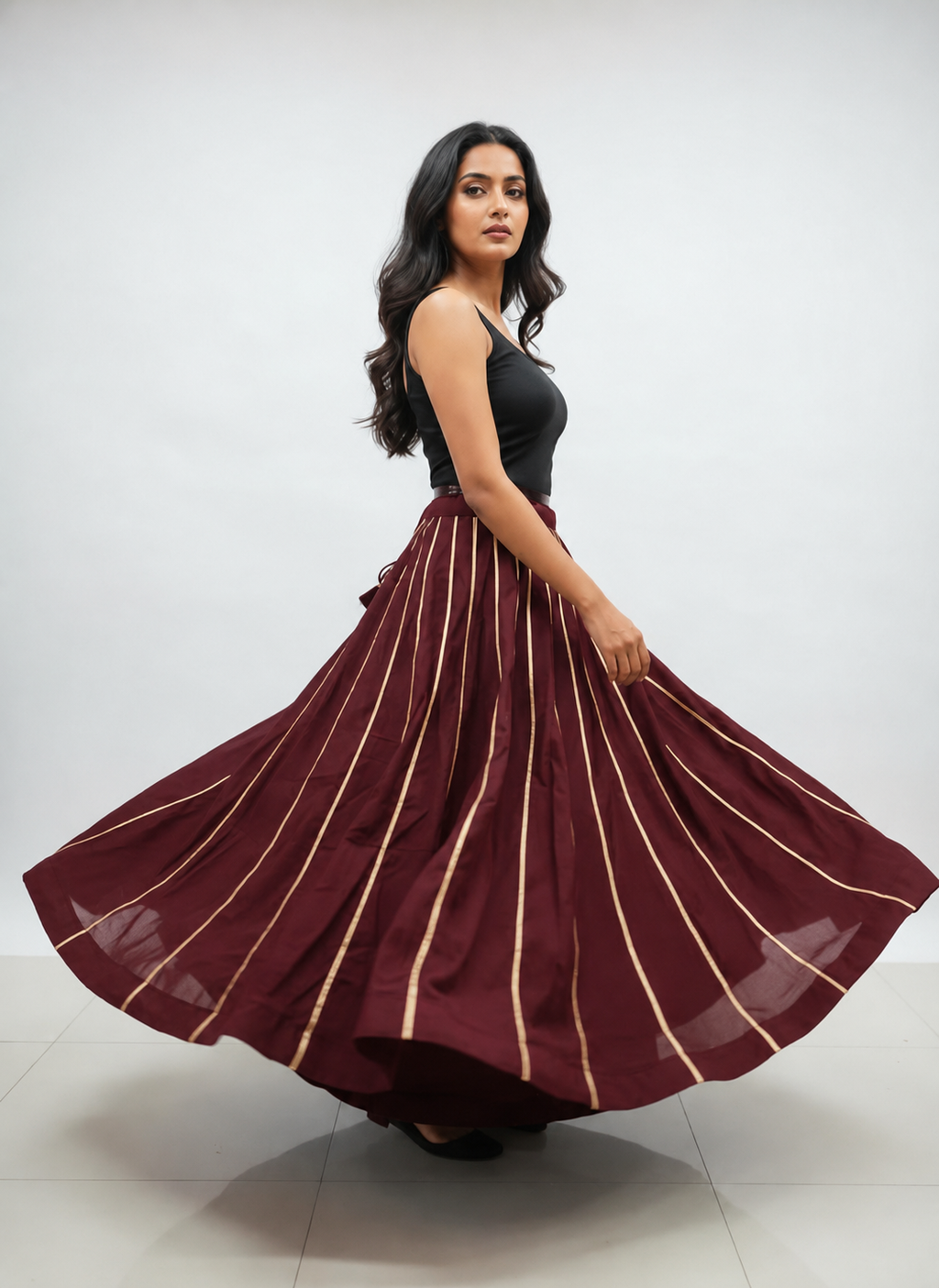 Banjara India Black Roman Silk Kali Skirt/Chaniya – Skirt-GoldenKali-Maroon