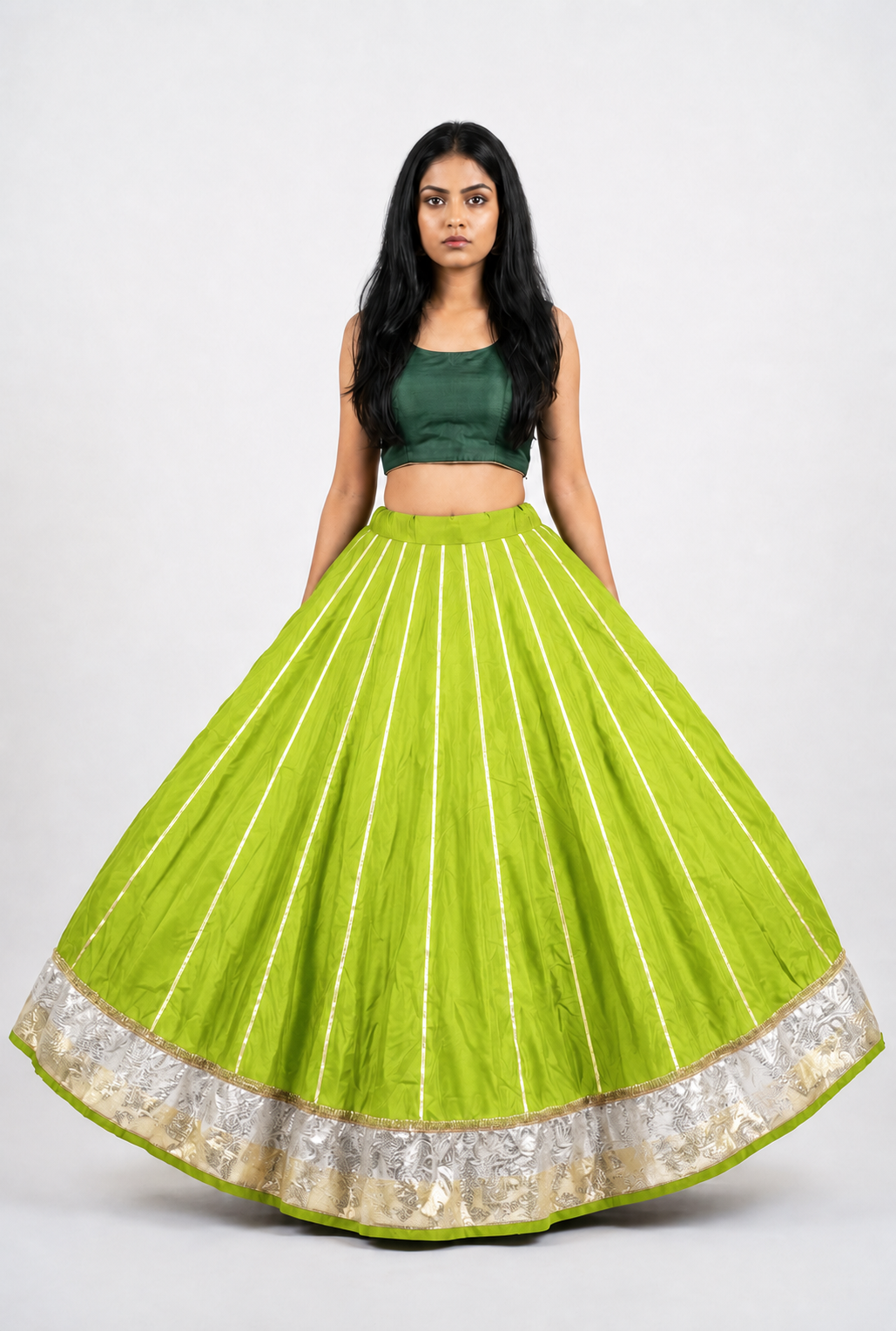 Banjara India Black Premium Rayon Kali Skirt/Chaniya – Skirt-Sona Chandi- Lime Green