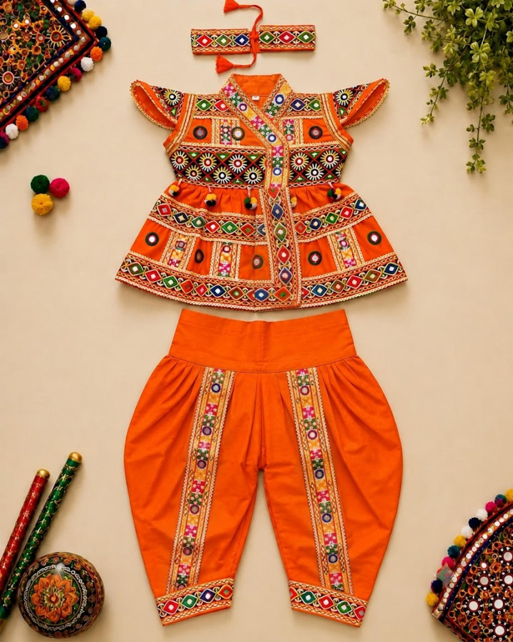 Banjara India Cotton Kutch Work Embroidered Kids Kediyu & Dhoti Set with Headband (KD-Krishna)-Orange