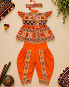 Banjara India Cotton Kutch Work Embroidered Kids Kediyu & Dhoti Set with Headband (KD-Krishna)-Orange