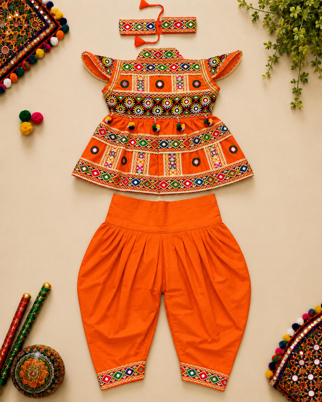 Banjara India Cotton Kutch Work Embroidered Kids Kediyu & Dhoti Set with Headband (KD-Krishna)-Orange