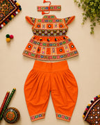 Banjara India Cotton Kutch Work Embroidered Kids Kediyu & Dhoti Set with Headband (KD-Krishna)-Orange