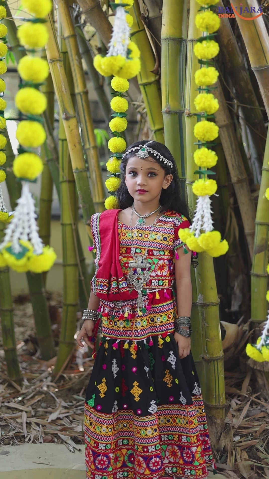 Banjara India Kutchi Emboidered Black Girls Lehenga Choli with Dupatta (CC-BTTA) - Black