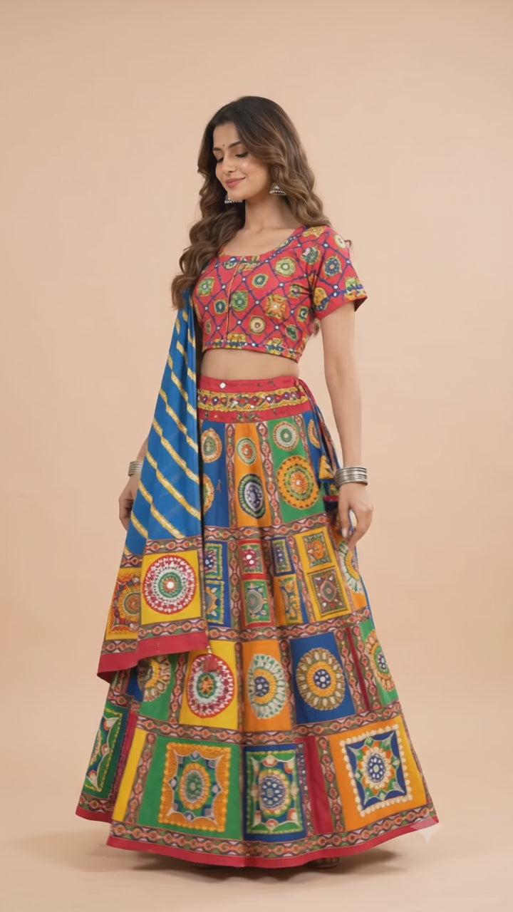 Banjara India Cotton Long Flair Aari Embroidery Kutch Work (Lehenga Choli) Chaniya Choli Set with Dupatta-(FSCC-Diamond)Red