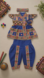Banjara India Cotton Kutch Work Embroidered Kids Kediyu & Dhoti Set with Headband (KD-Krishna)-Blue