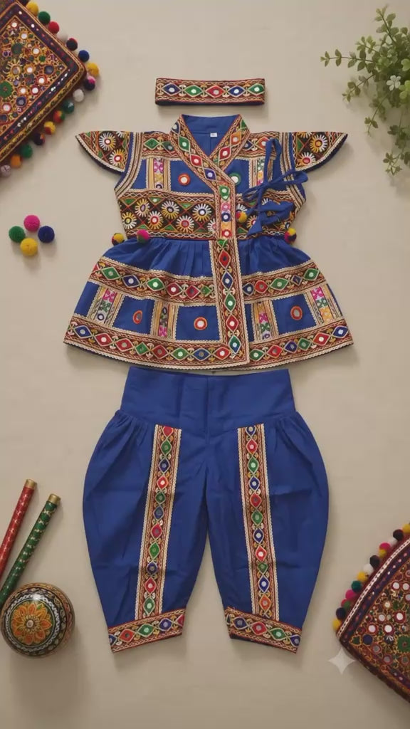 Banjara India Cotton Kutch Work Embroidered Kids Kediyu & Dhoti Set with Headband (KD-Krishna)-Blue