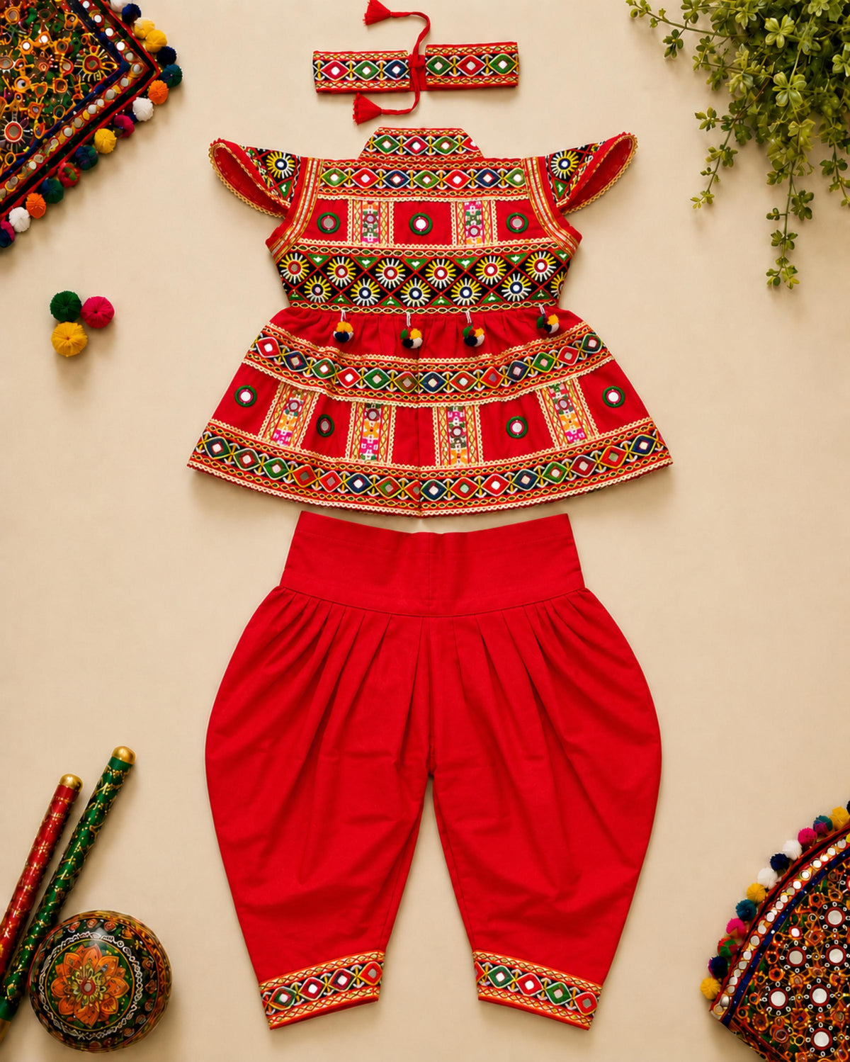 Banjara India Cotton Kutch Work Embroidered Kids Kediyu & Dhoti Set with Headband (KD-Krishna)-Red