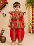 Banjara India Cotton Kutch Work Embroidered Kids Kediyu & Dhoti Set with Headband (KKD-Krishna)-Red