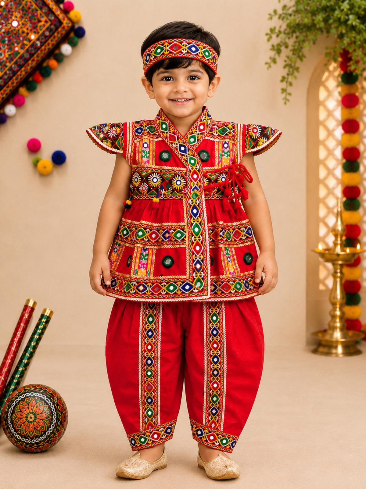 Banjara India Cotton Kutch Work Embroidered Kids Kediyu & Dhoti Set with Headband (KKD-Krishna)-Red