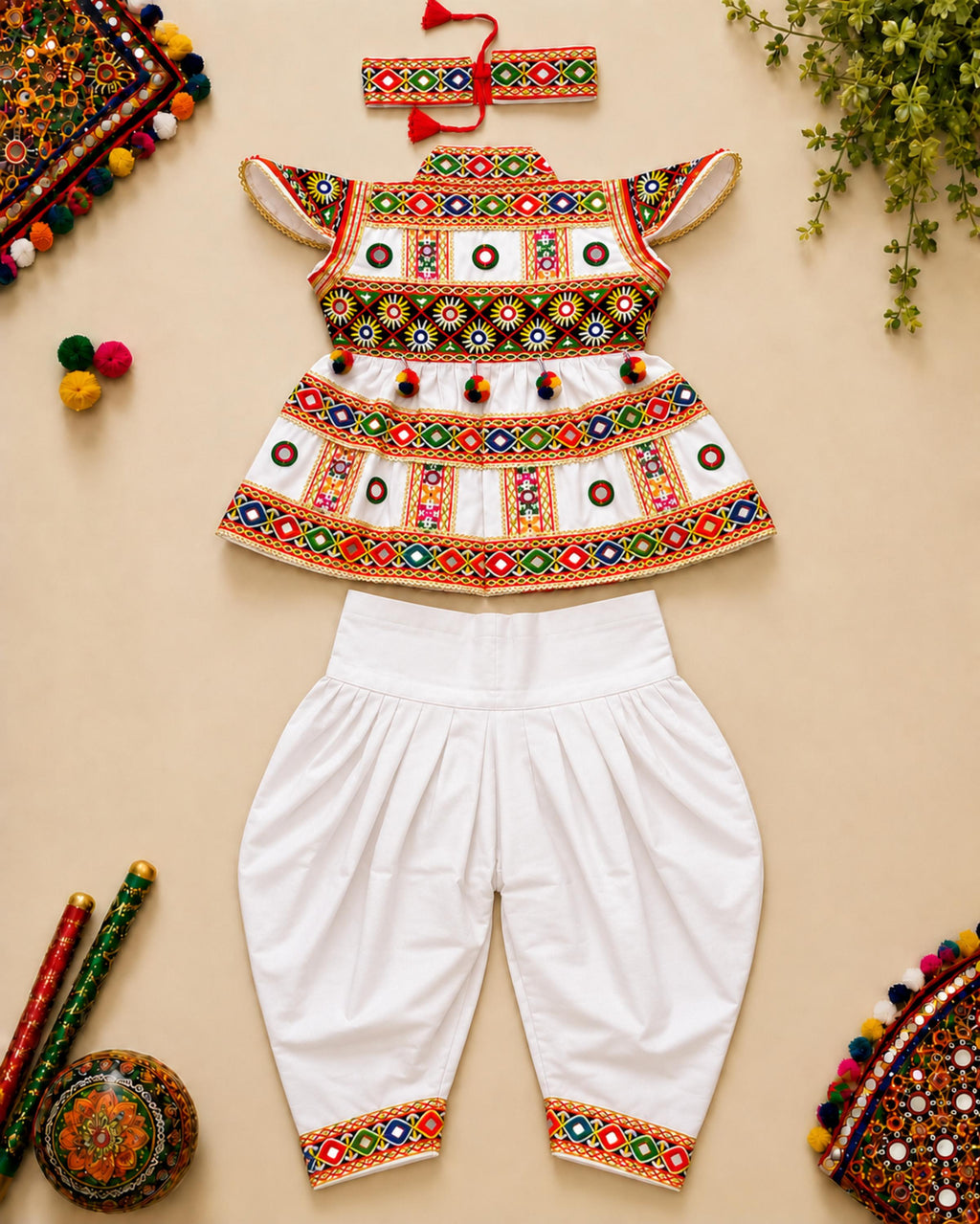 Banjara India Cotton Kutch Work Embroidered Kids Kediyu & Dhoti Set with Headband (KKD-Krishna)-White