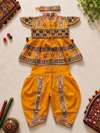 Banjara India Cotton Kutch Work Embroidered Kids Kediyu & Dhoti Set with Headband (KD-Krishna)-Yellow