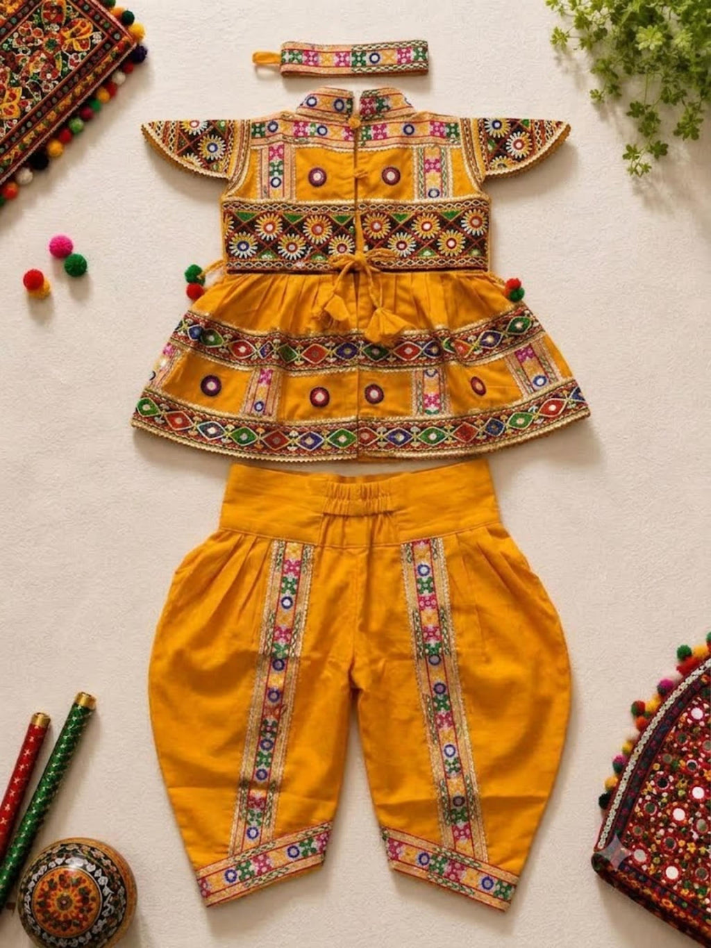 Banjara India Cotton Kutch Work Embroidered Kids Kediyu & Dhoti Set with Headband (KKD-Krishna)-Yellow