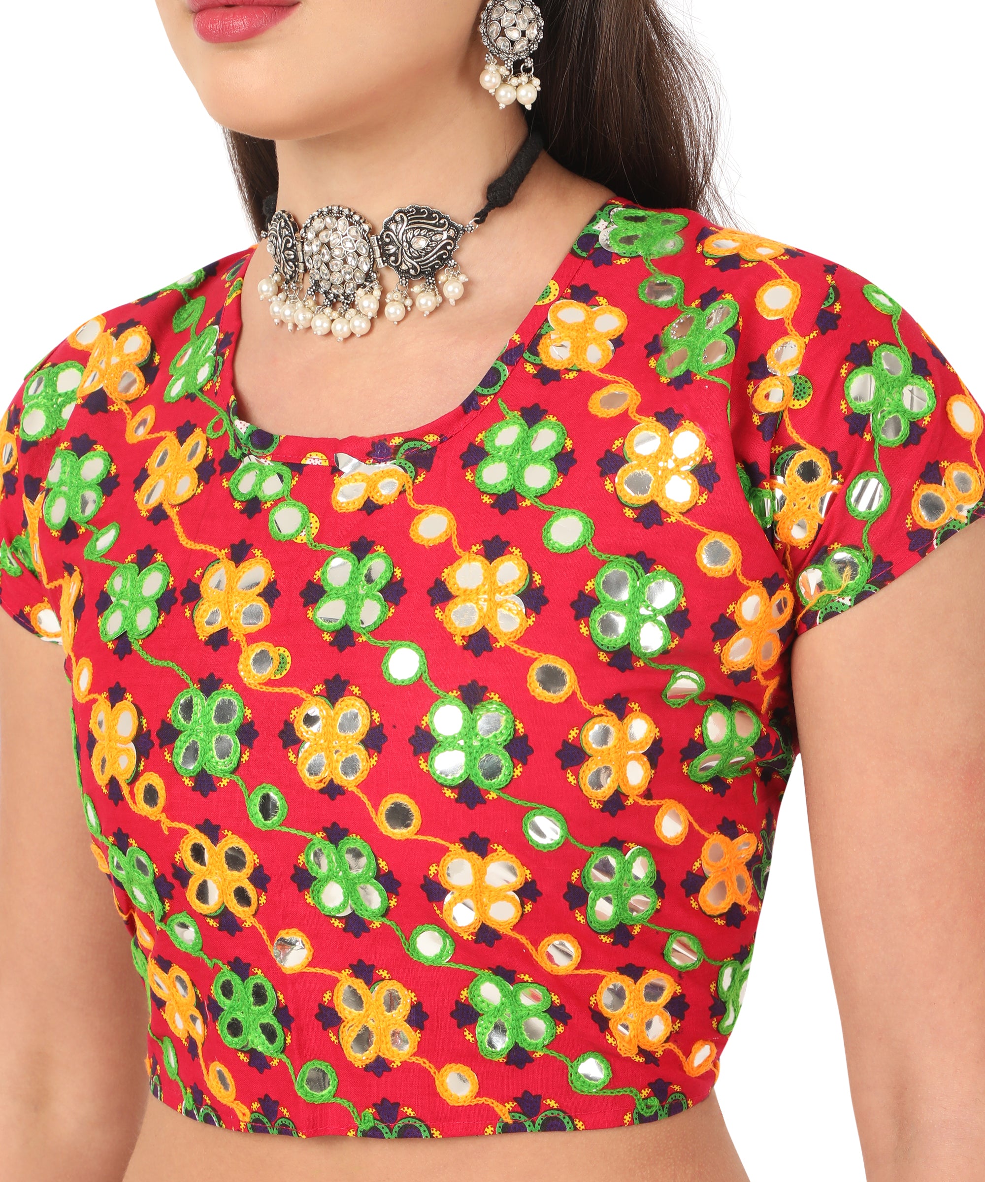 Banjara India Cotton Long Flair Aari Embroidery Kutch Work (Lehenga Choli) Chaniya Choli Set with Dupatta--Temple-05
