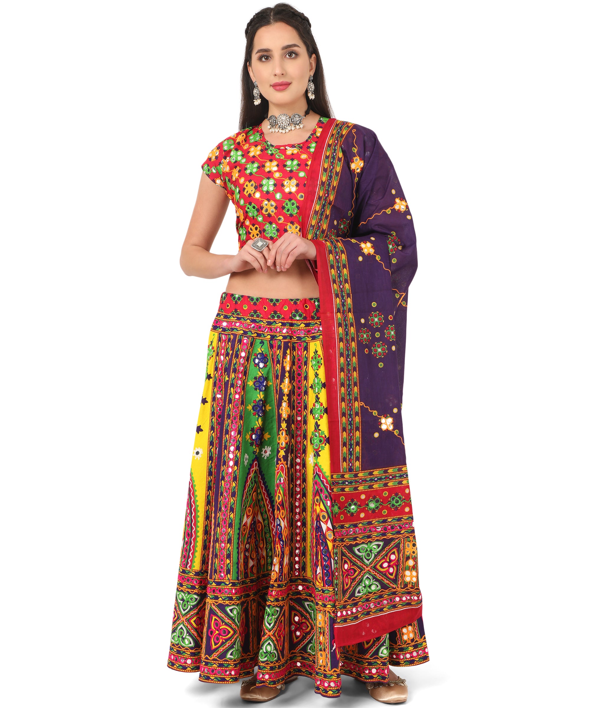 Banjara India Cotton Long Flair Aari Embroidery Kutch Work (Lehenga Choli) Chaniya Choli Set with Dupatta--Temple-05