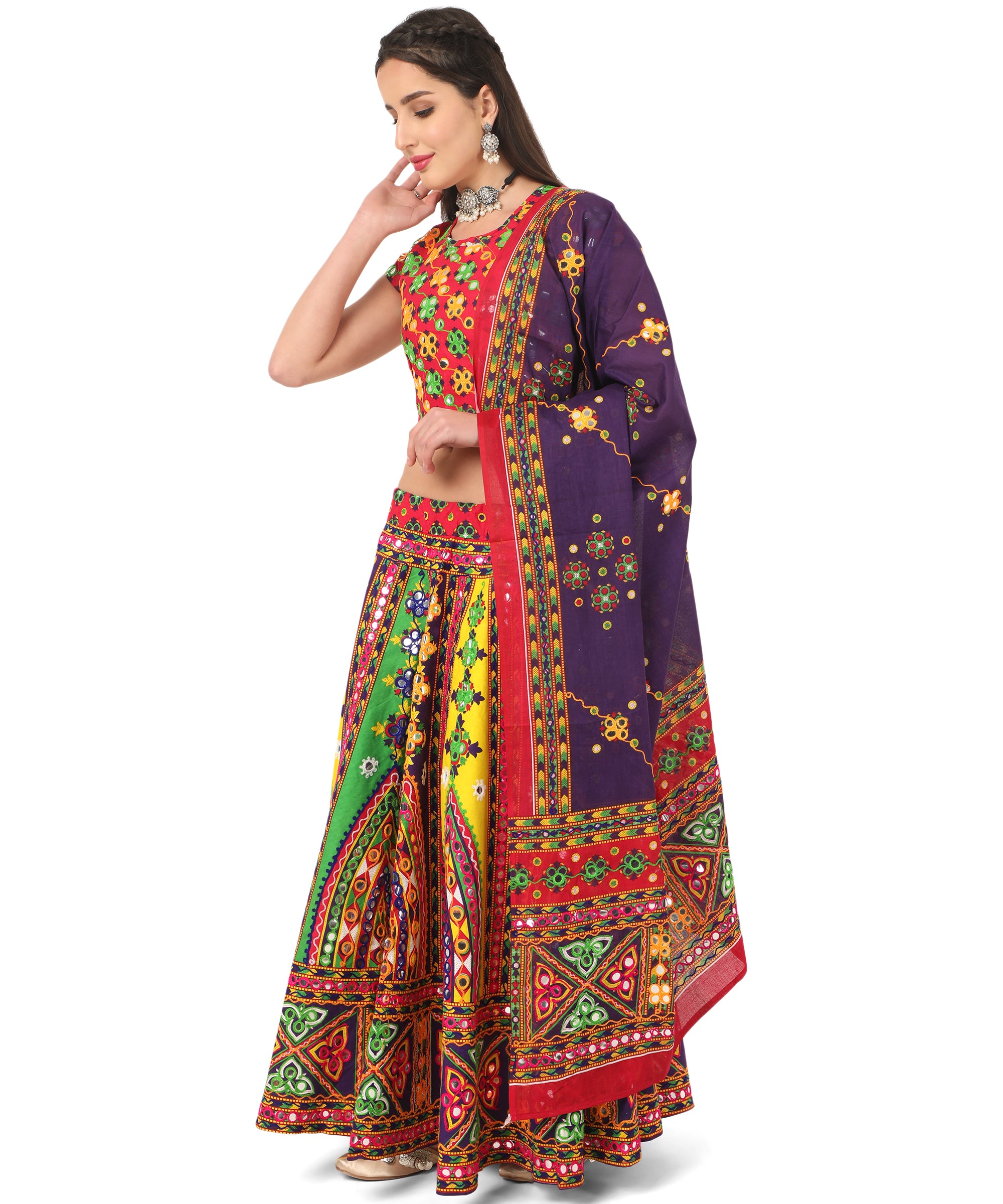 Banjara India Cotton Long Flair Aari Embroidery Kutch Work (Lehenga Choli) Chaniya Choli Set with Dupatta--Temple-05