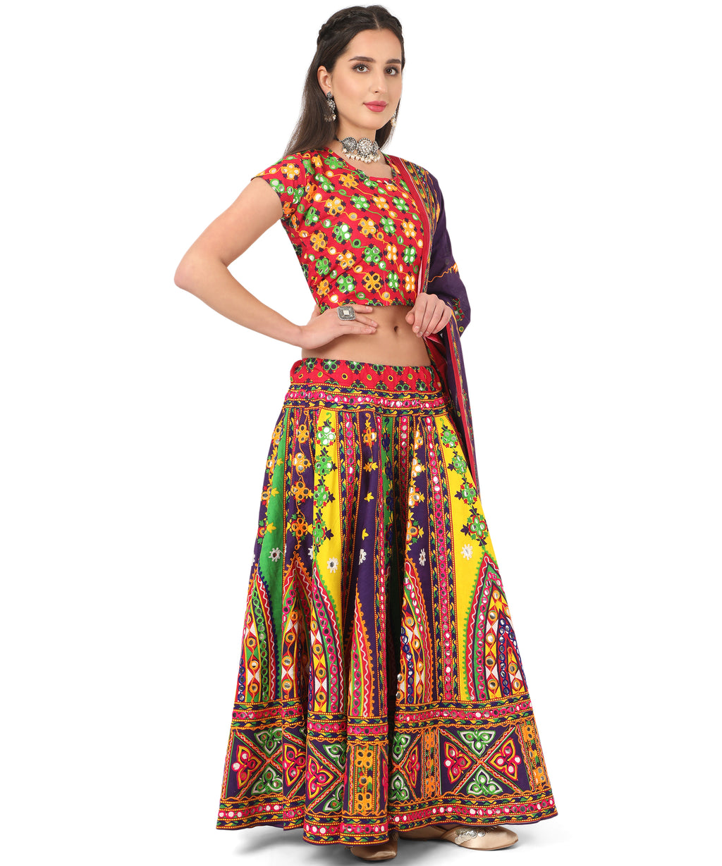 Banjara India Cotton Long Flair Aari Embroidery Kutch Work (Lehenga Choli) Chaniya Choli Set with Dupatta--Temple-05