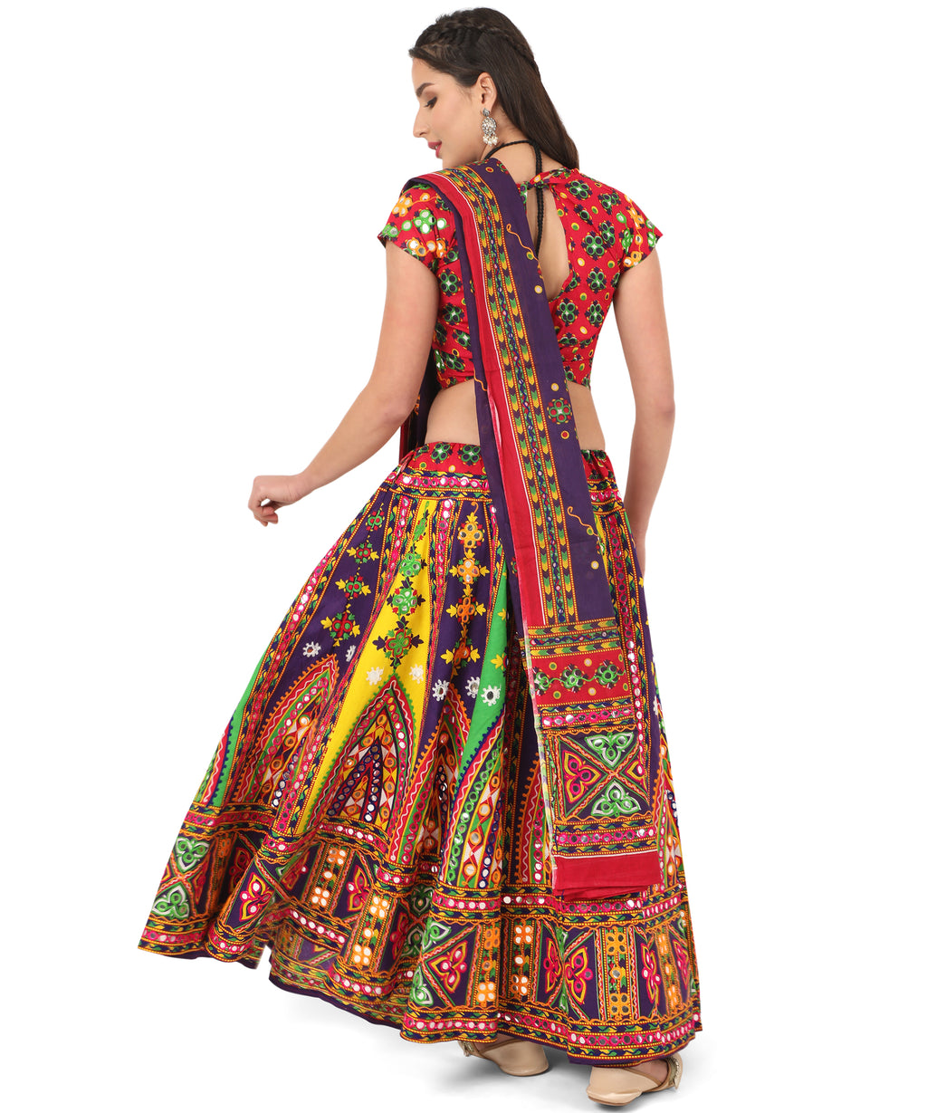 Banjara India Cotton Long Flair Aari Embroidery Kutch Work (Lehenga Choli) Chaniya Choli Set with Dupatta--Temple-05