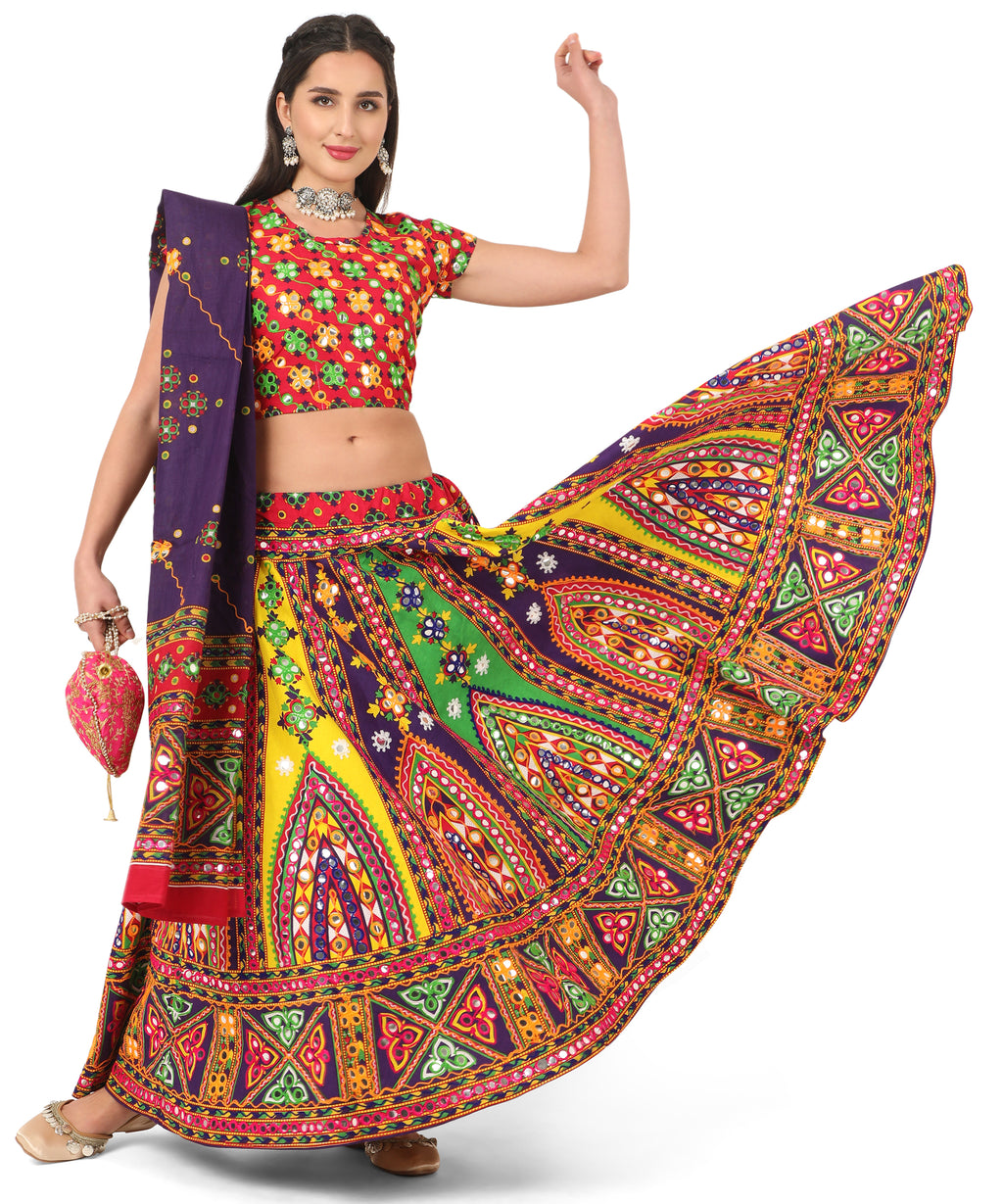 Banjara India Cotton Long Flair Aari Embroidery Kutch Work (Lehenga Choli) Chaniya Choli Set with Dupatta--Temple-05