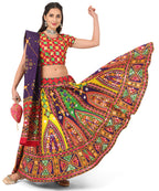 Banjara India Cotton Long Flair Aari Embroidery Kutch Work (Lehenga Choli) Chaniya Choli Set with Dupatta--Temple-05