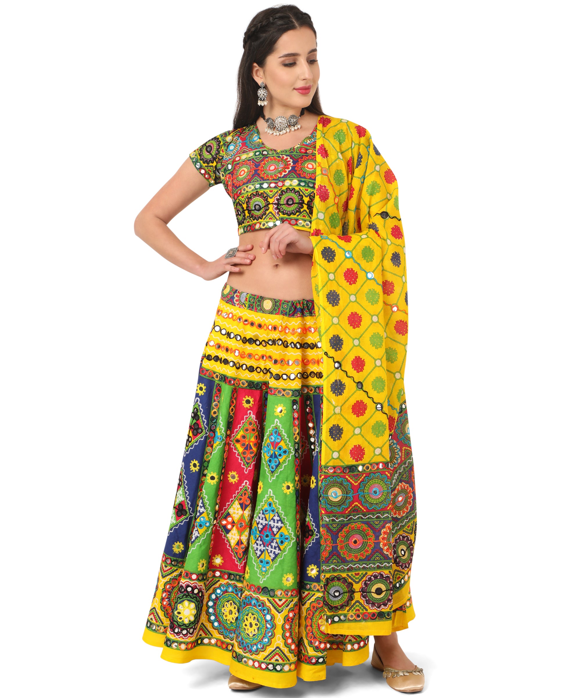 Banjara India Cotton Long Flair Aari Embroidery Kutch Work (Lehenga Choli) Chaniya Choli Set with Dupatta-KAJU02