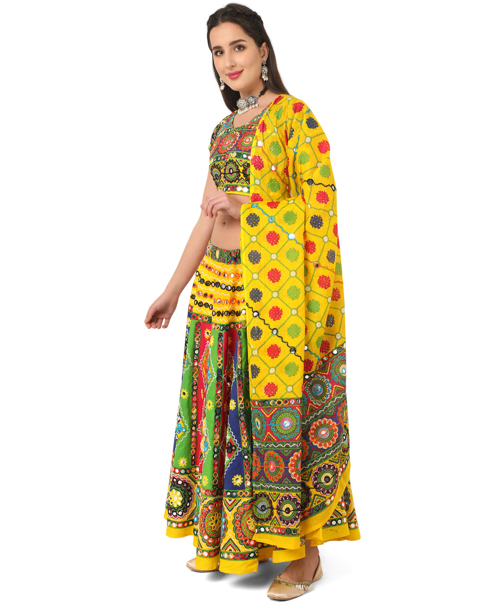 Banjara India Cotton Long Flair Aari Embroidery Kutch Work (Lehenga Choli) Chaniya Choli Set with Dupatta-KAJU02