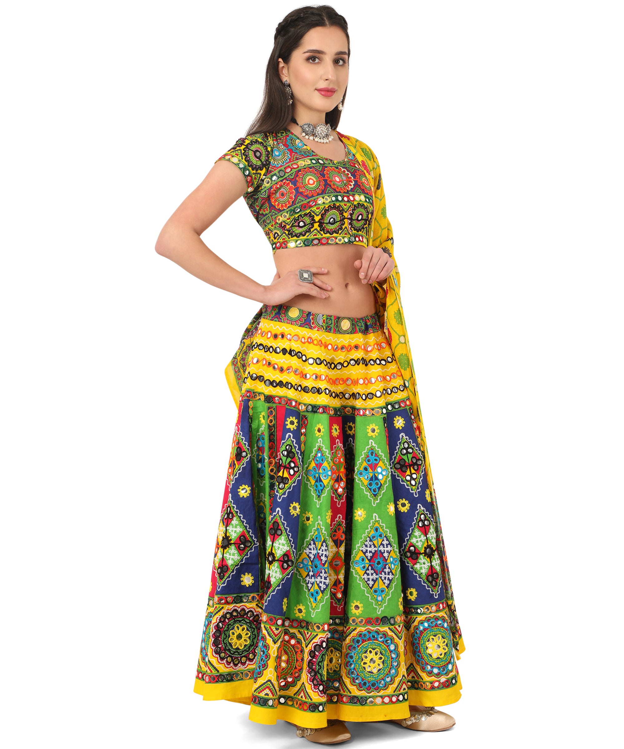 Banjara India Cotton Long Flair Aari Embroidery Kutch Work (Lehenga Choli) Chaniya Choli Set with Dupatta-KAJU02