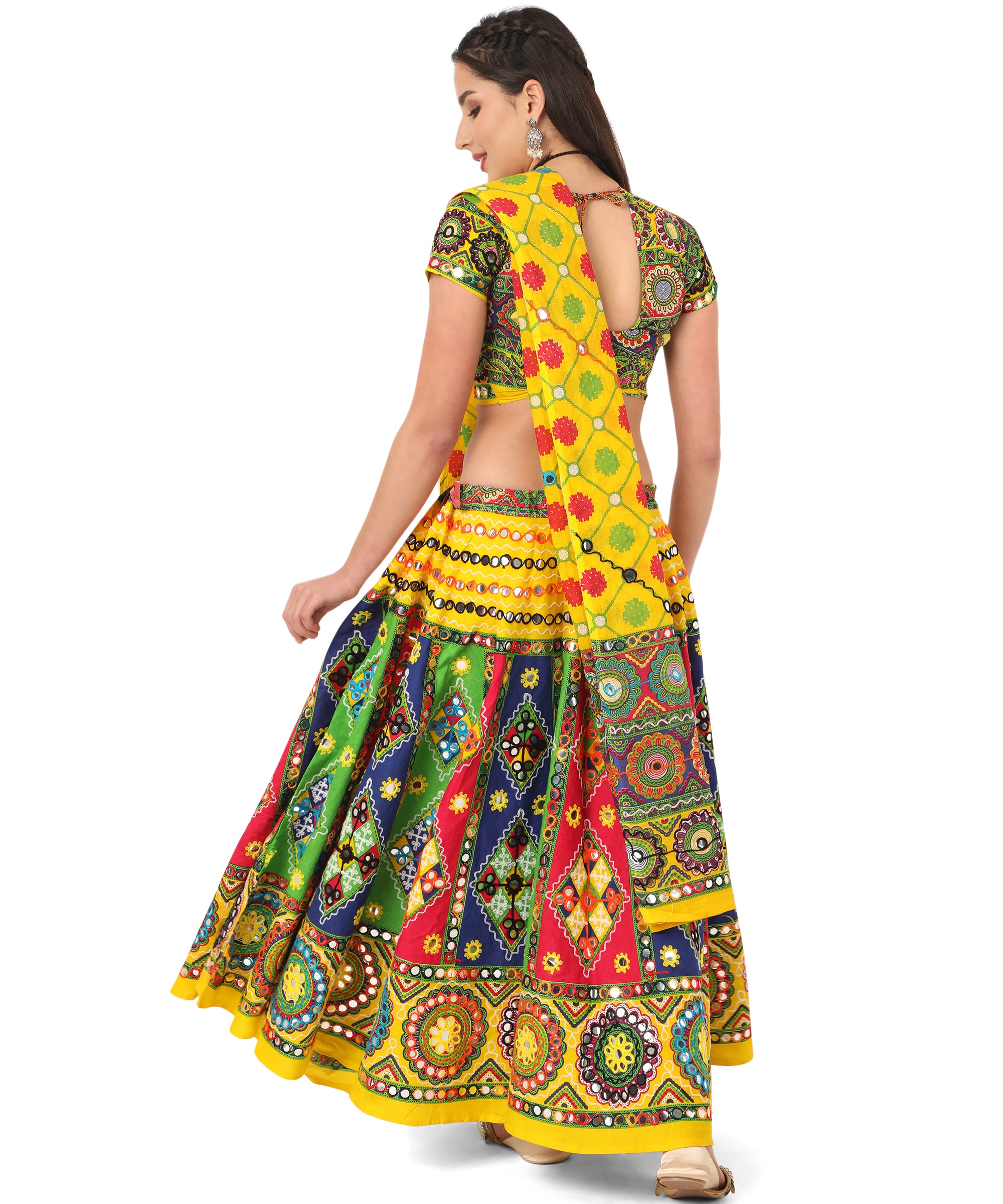 Banjara India Cotton Long Flair Aari Embroidery Kutch Work (Lehenga Choli) Chaniya Choli Set with Dupatta-KAJU02