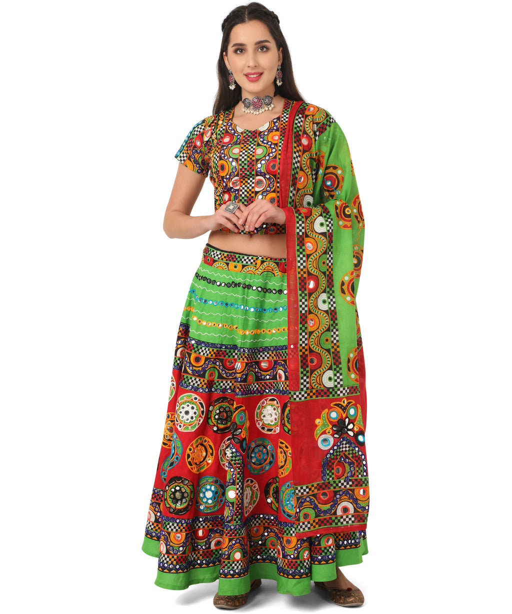 Banjara India Cotton Long Flair Aari Embroidery Kutch Work (Lehenga Choli) Chaniya Choli Set with Dupatta-GOL04