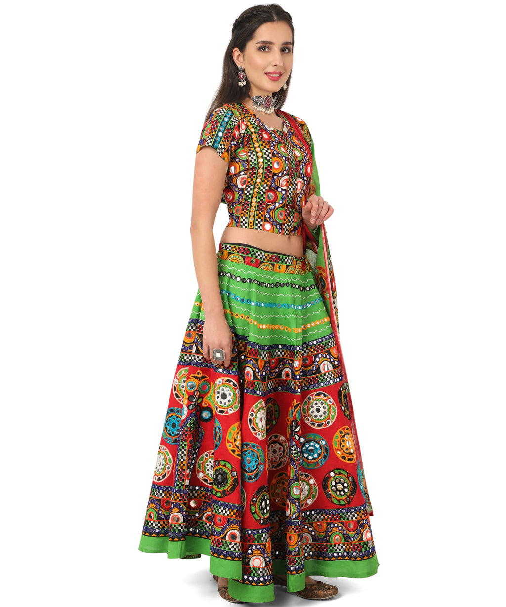 Banjara India Cotton Long Flair Aari Embroidery Kutch Work (Lehenga Choli) Chaniya Choli Set with Dupatta-GOL04