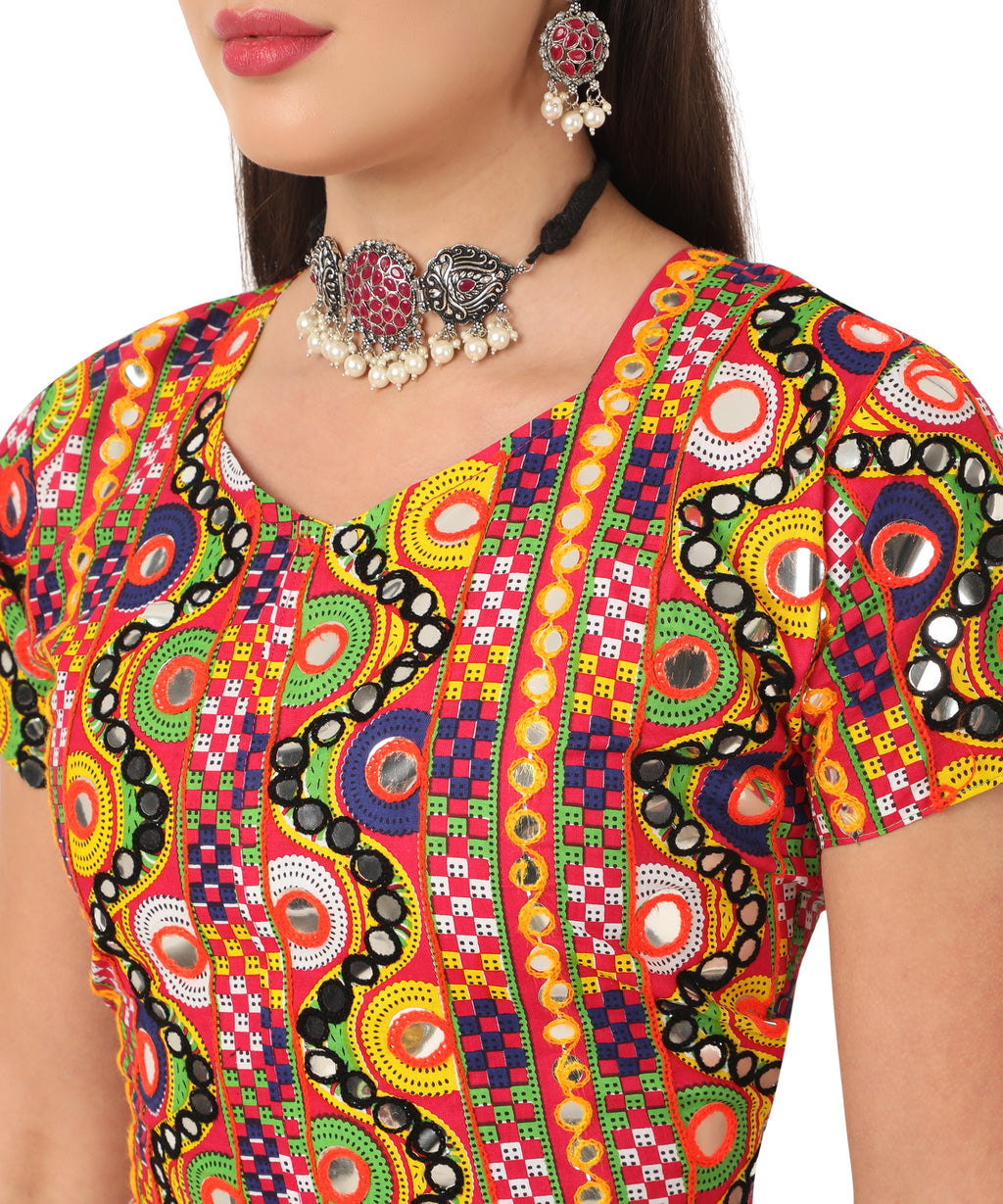 Banjara India Cotton Long Flair Aari Embroidery Kutch Work (Lehenga Choli) Chaniya Choli Set with Dupatta-GOL03