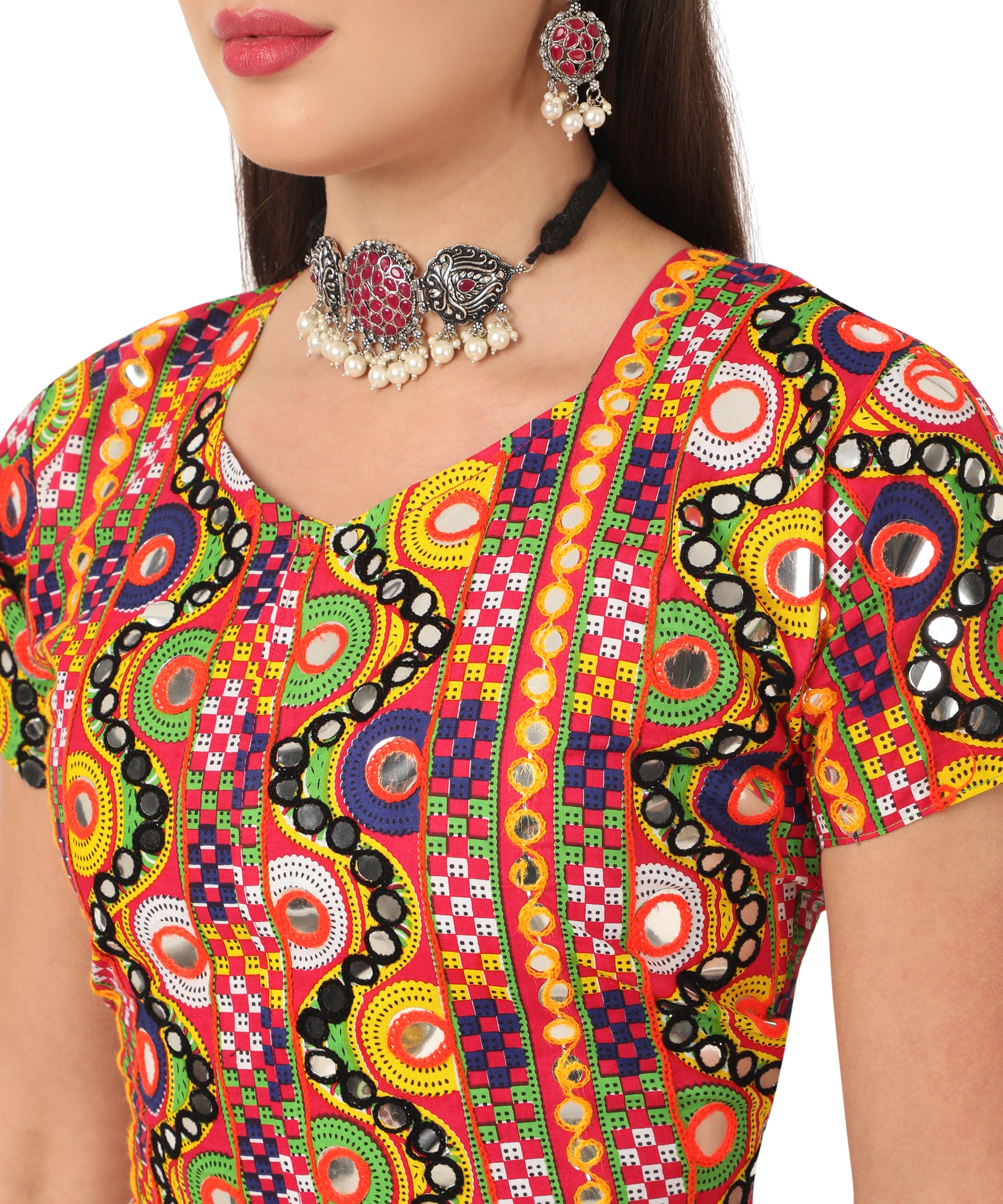 Banjara India Cotton Long Flair Aari Embroidery Kutch Work (Lehenga Choli) Chaniya Choli Set with Dupatta-GOL03