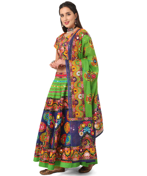Banjara India Cotton Long Flair Aari Embroidery Kutch Work (Lehenga Choli) Chaniya Choli Set with Dupatta-GOL03