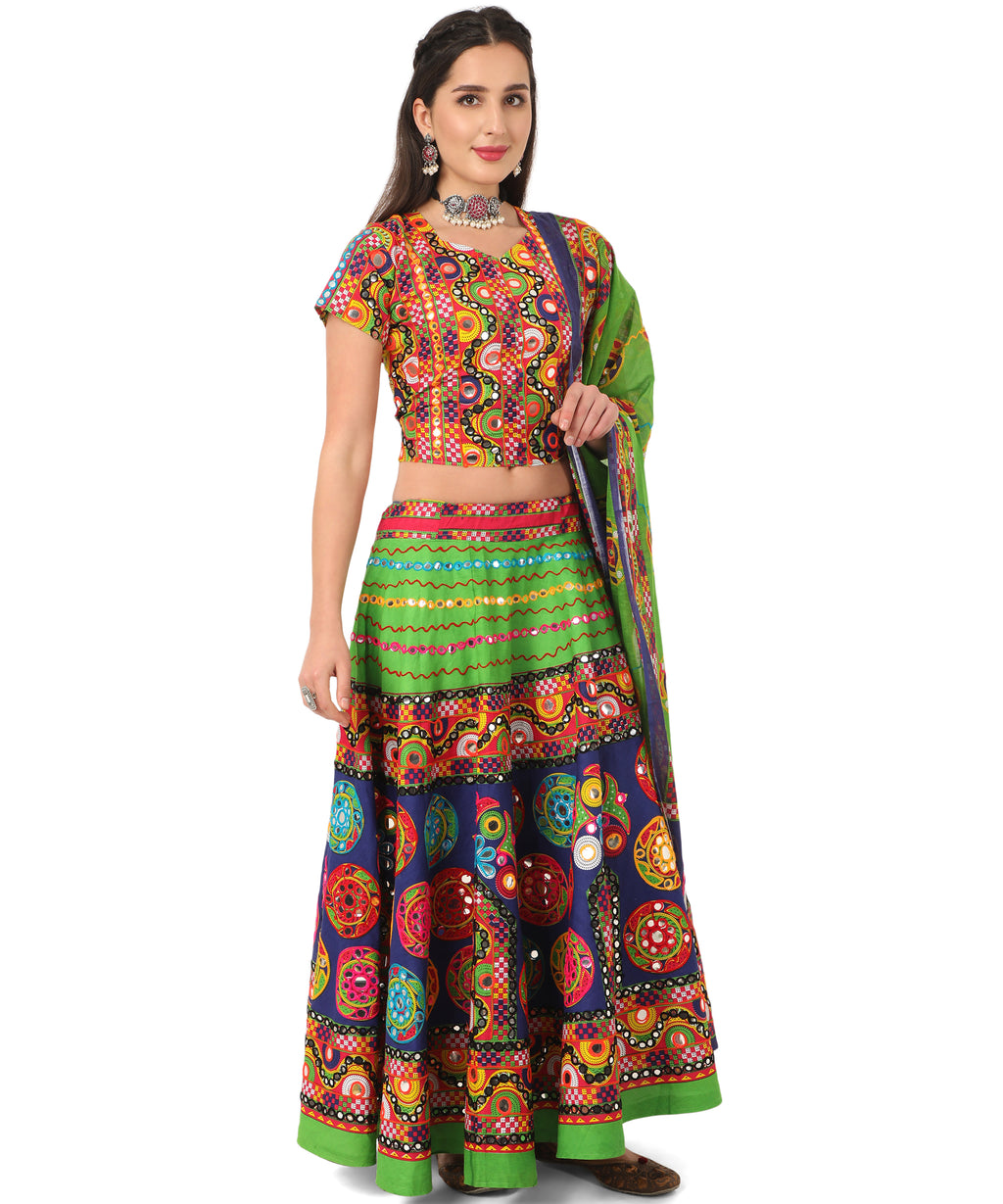 Banjara India Cotton Long Flair Aari Embroidery Kutch Work (Lehenga Choli) Chaniya Choli Set with Dupatta-GOL03