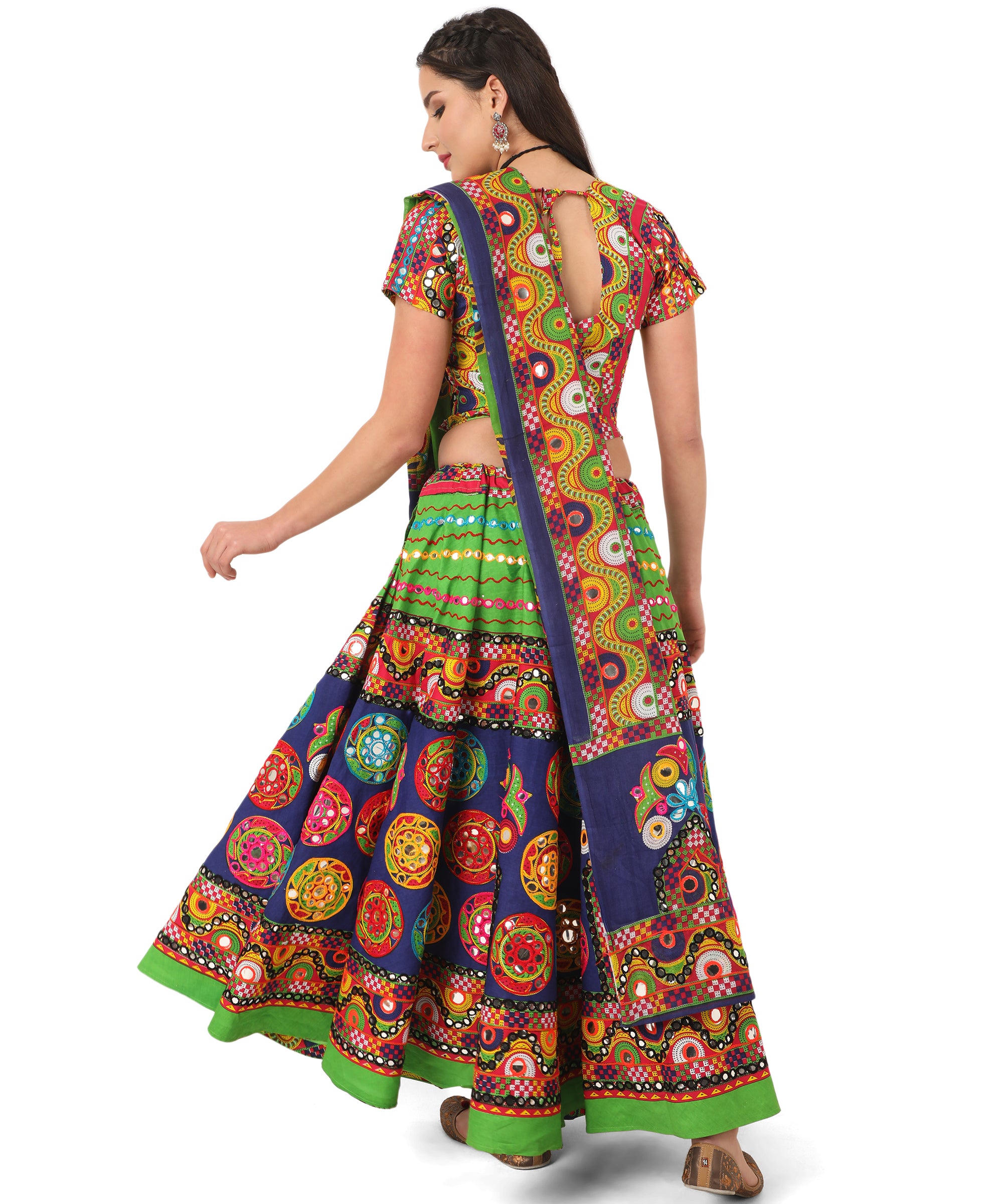 Banjara India Cotton Long Flair Aari Embroidery Kutch Work (Lehenga Choli) Chaniya Choli Set with Dupatta-GOL03