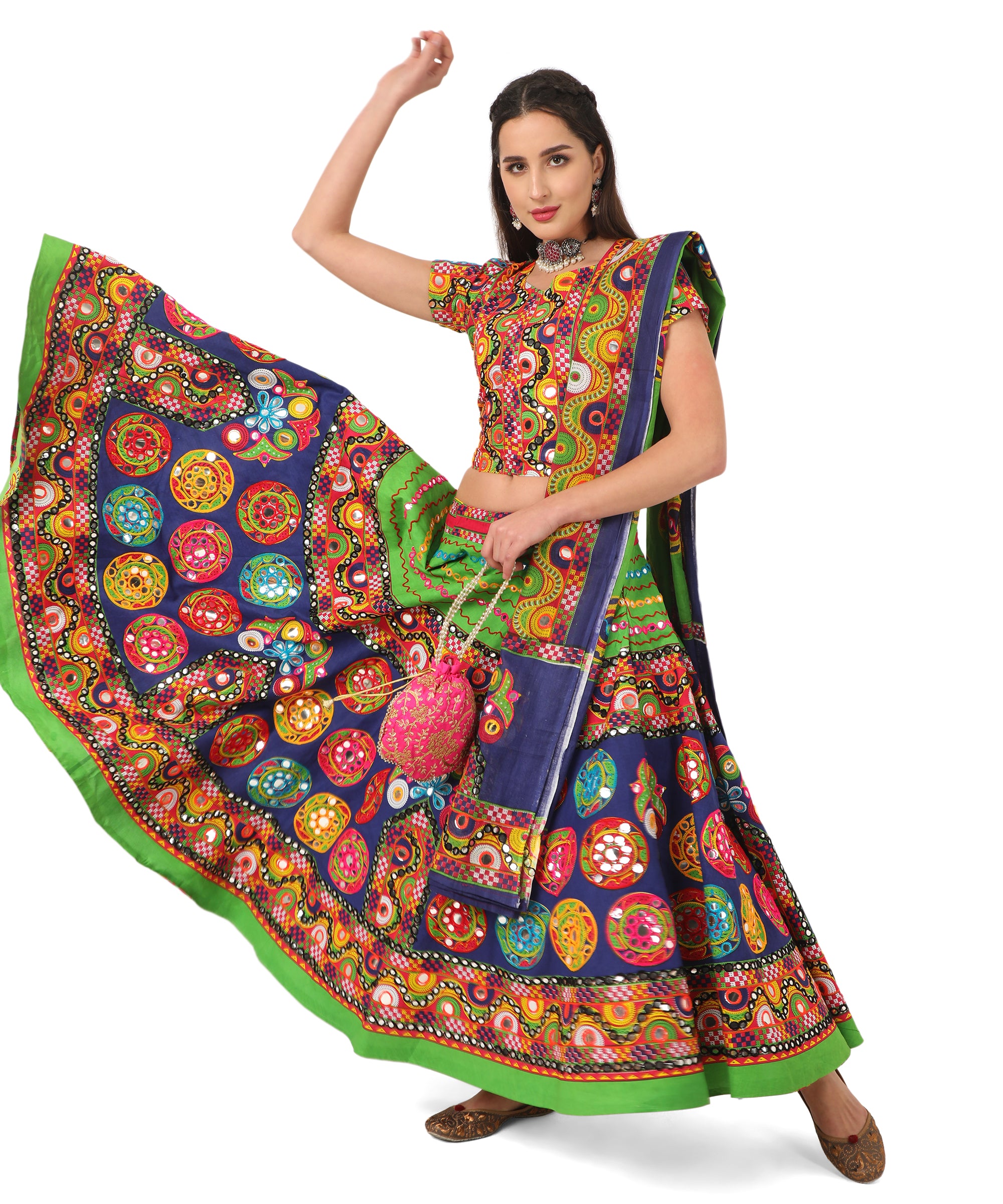 Banjara India Cotton Long Flair Aari Embroidery Kutch Work (Lehenga Choli) Chaniya Choli Set with Dupatta-GOL03