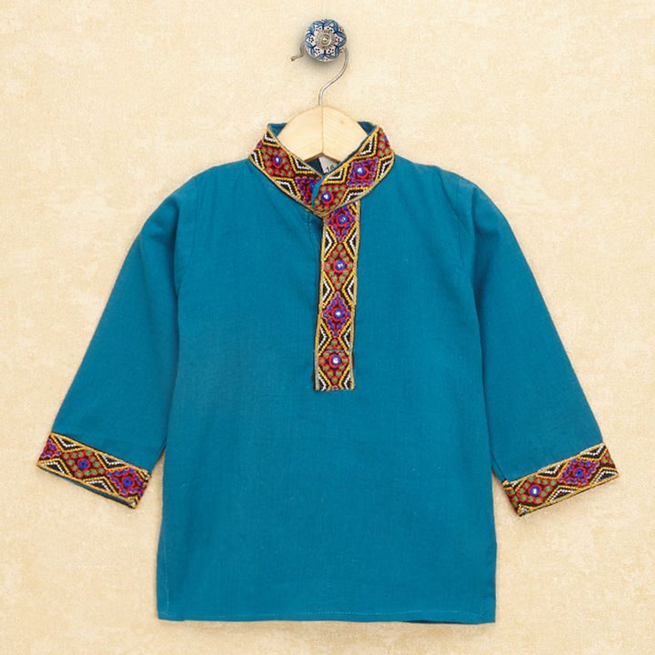 Kutchi EmboideTurquoise Kurta Pajama for Boys - Turquoise