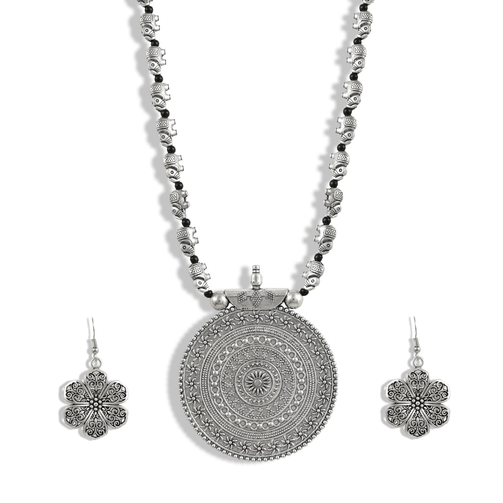 Charms Silver Oxidised Jewellery Set with Earrings for Women/Girls (NECK-27)