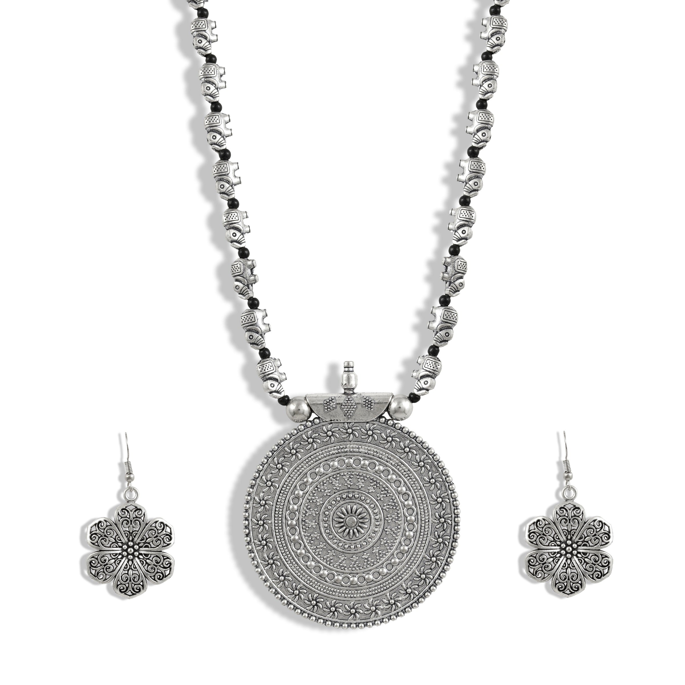 Charms Silver Oxidised Jewellery Set with Earrings for Women/Girls (NECK-27)