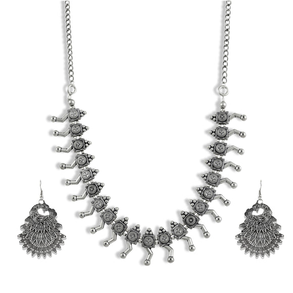 Charms Silver Oxidised Jewellery Set with Earrings for Women/Girls (NECK-29)