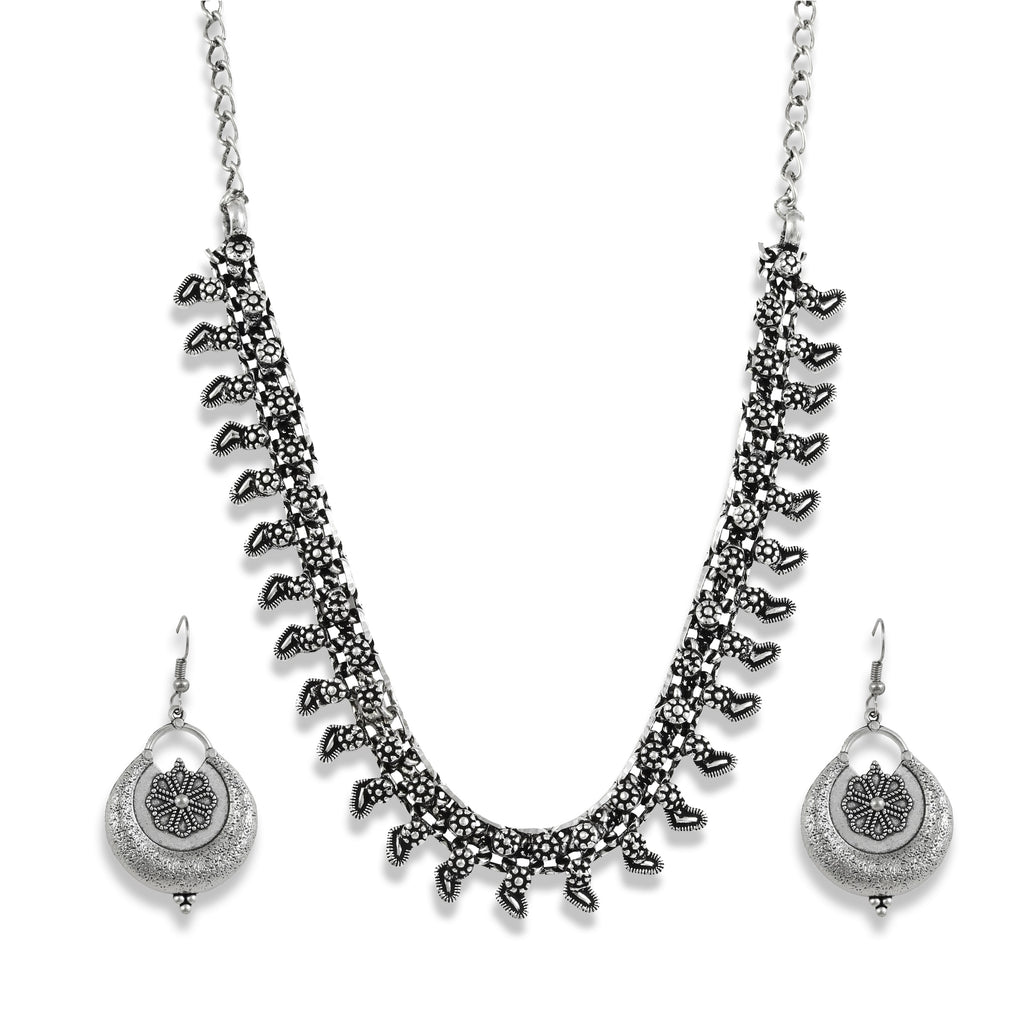 Charms Silver Oxidised Jewellery Set with Earrings for Women/Girls (NECK-32)