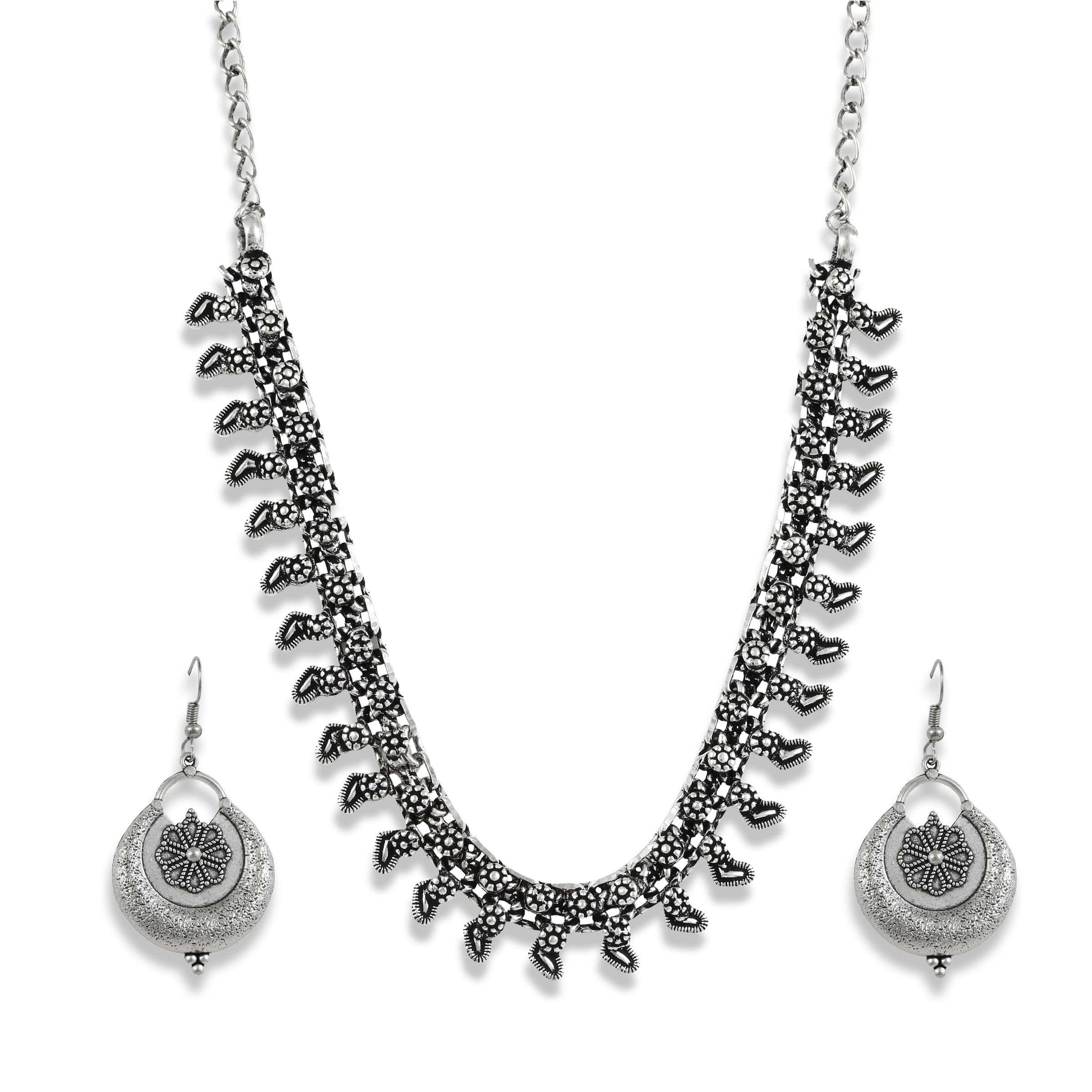 Charms Silver Oxidised Jewellery Set with Earrings for Women/Girls (NECK-32)