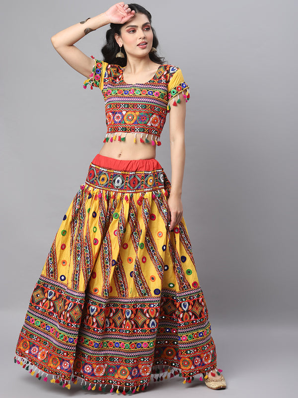 Banjara India Cotton Long Flair Aari Embroidery Kutch Work (Lehenga Choli) Chaniya Choli Set with Dupatta-(CC-SLASH-YELLOW)