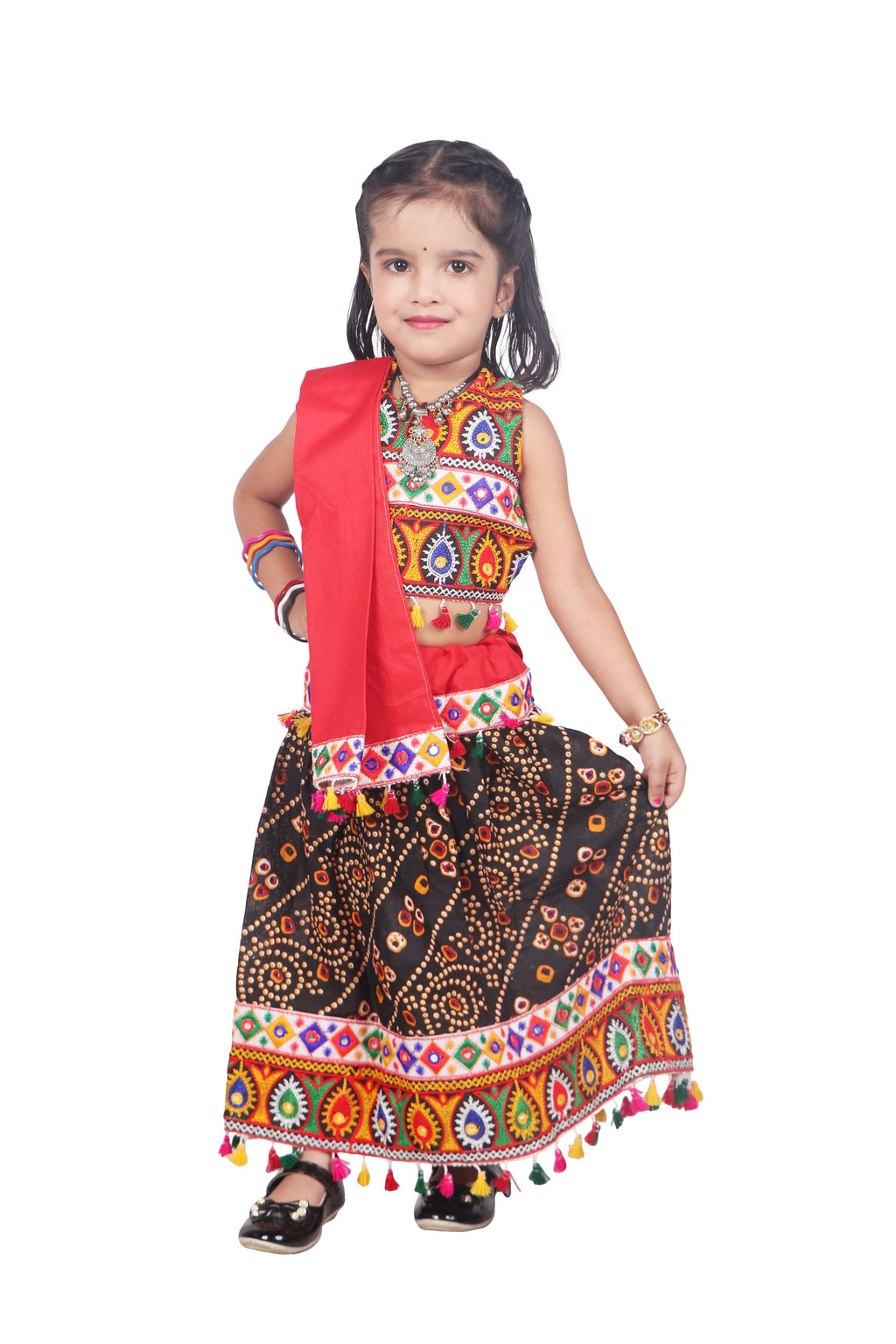 Banjara India Kutchi Emboidered Black Girls Chaniya Choli with Dupatta (CC-RJS) - Black